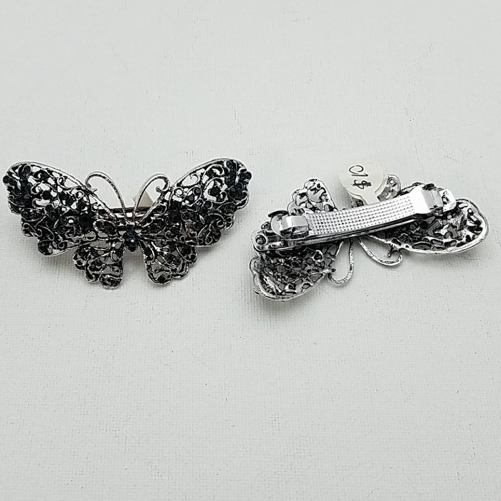 Butterfly Silver Black Rhinestone Barette 2